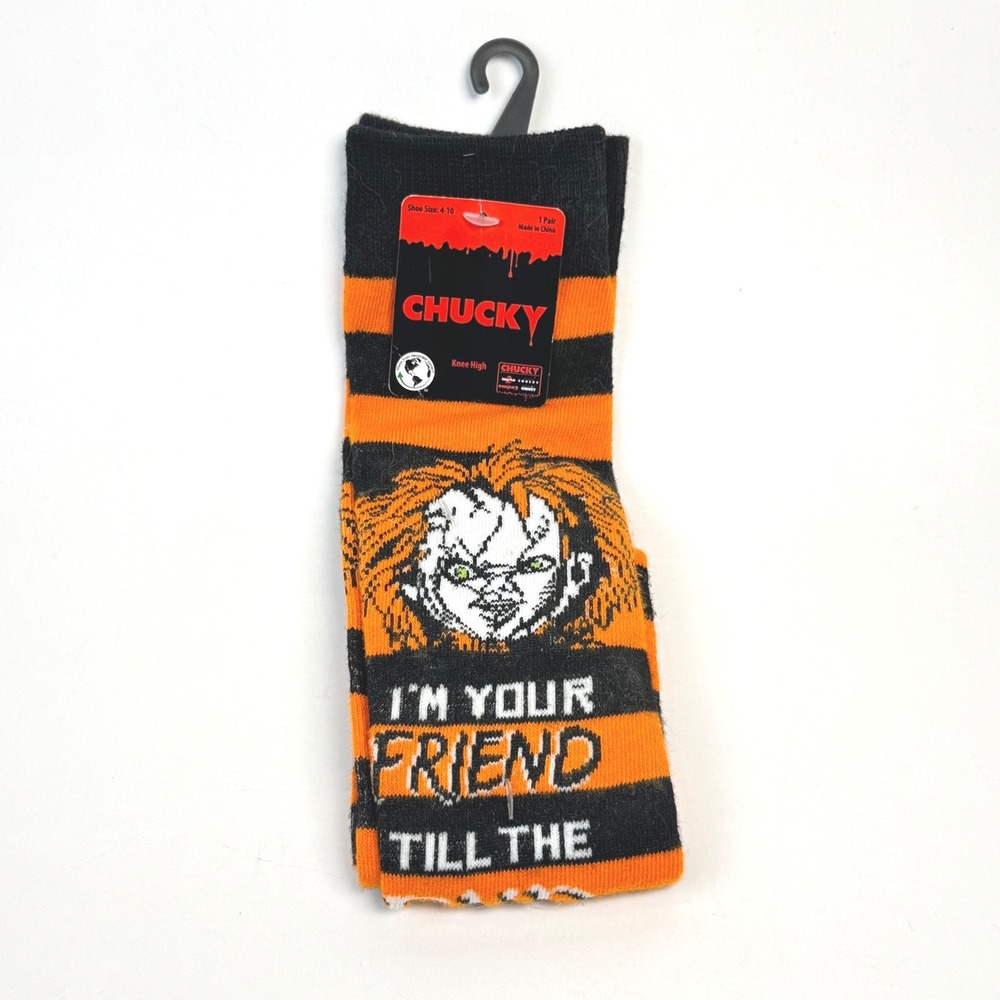 Chucky Horror Movie Knee High Socks Orange Black Striped Friend Till The End New